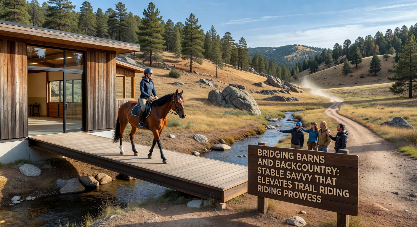 Pferd im Stall mit Trail-Ausrüstung, das die Brücke zwischen Stall-Pflege und Geländefähigkeiten illustriert