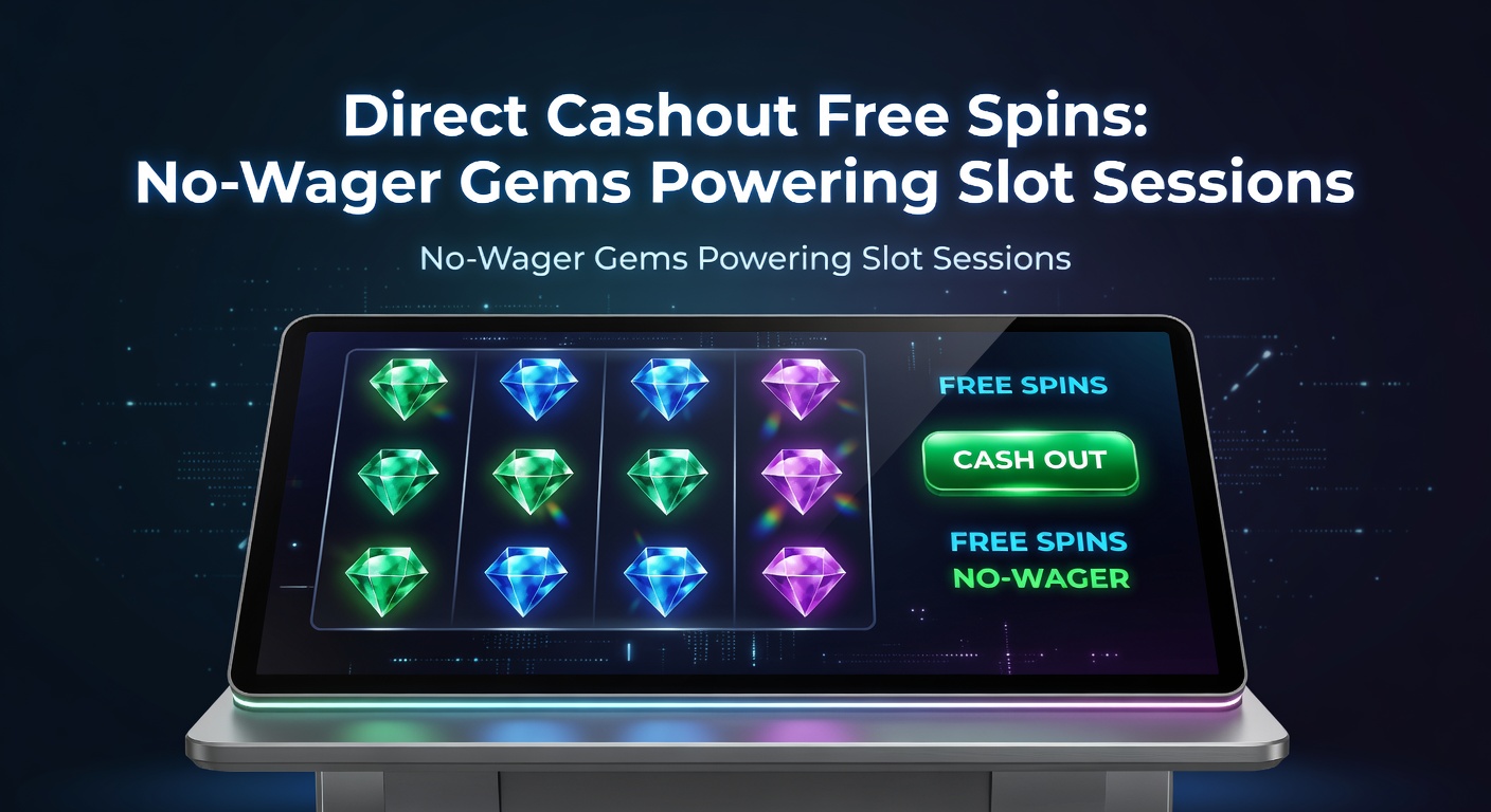 Leuchtende Slot-Maschinen mit Free-Spin-Symbolen und direkter Auszahlungs-Ikone, die Gewinne ohne Wager freisetzen