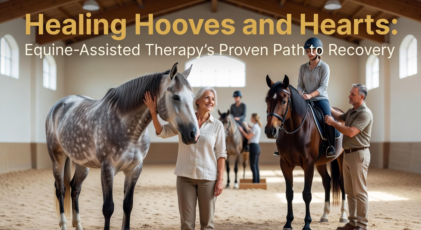Ein Therapeut und ein Patient interagieren sanft mit einem Pferd auf einer sonnigen Weide, symbolisierend Vertrauensaufbau in der Equine-Assisted Therapy