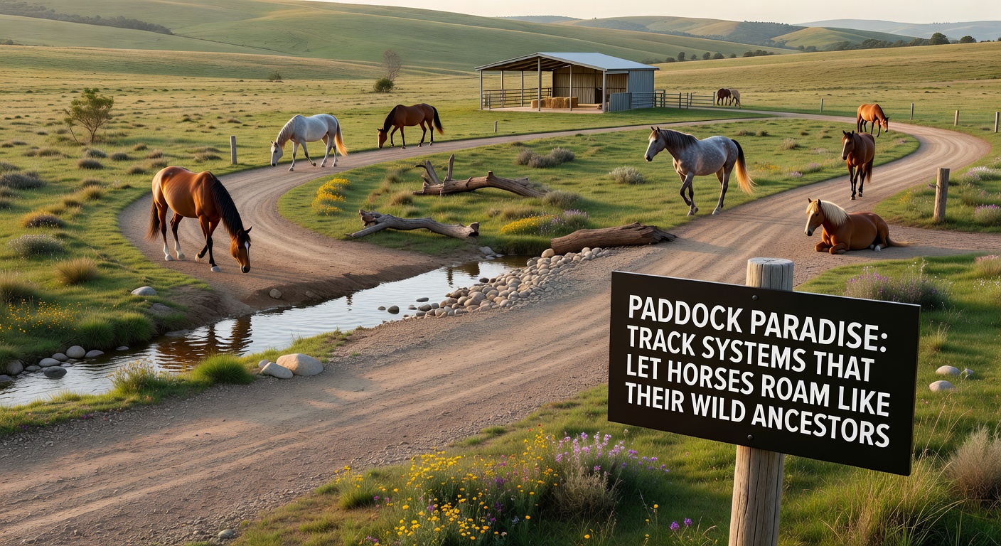 Nahaufnahme eines Tracksystems mit Pferden, die einen sandigen Pfad entlangtrotten, vorbei an Futterstellen und natürlichen Barrieren