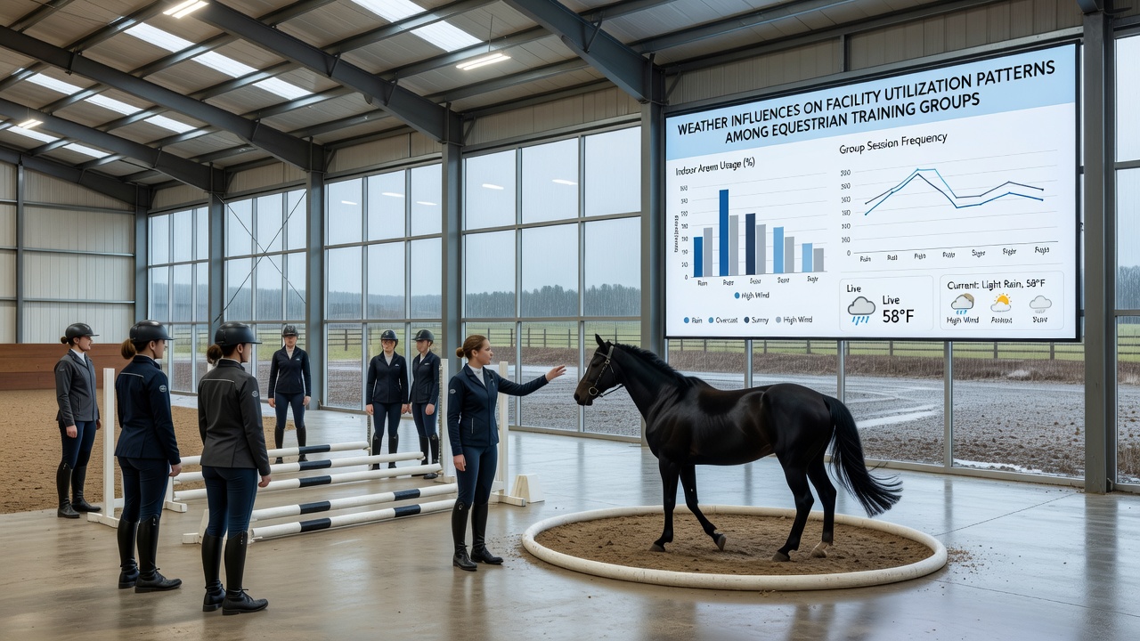 Equestrian training group adapting schedule due to changing weather conditions on outdoor arena